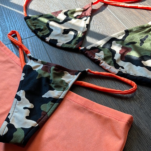 Orange camouflage bikini skirt thong set stripper stretchy army military dancer - Picture 3 of 6